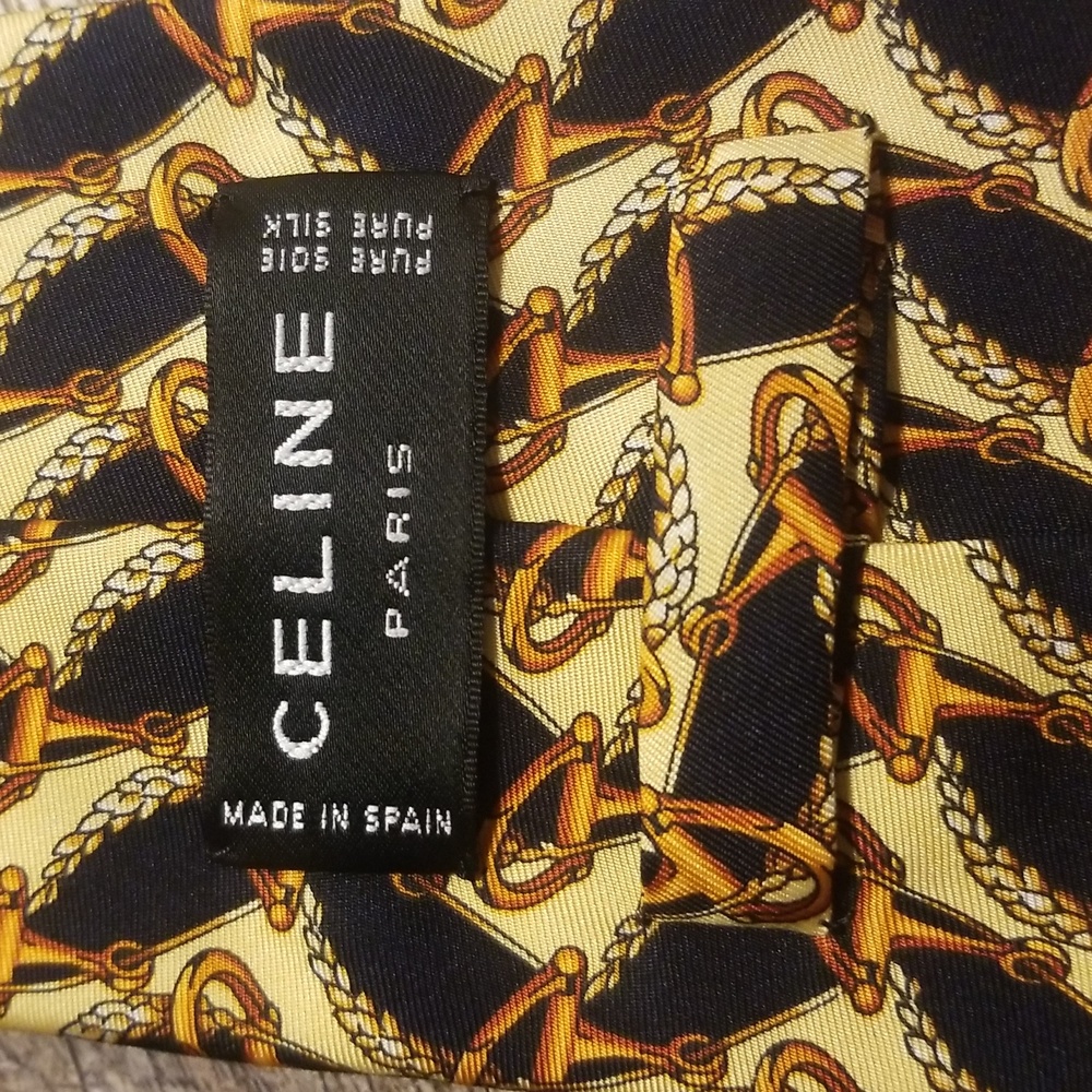 Celine Paris 100%Silk Horse bit neck tie Blue snd Gold New